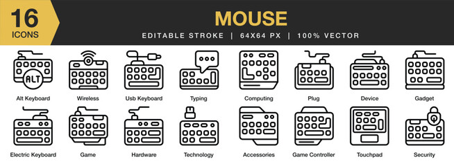 Aufkleber - Set of 16 Mouse icon set. Editable Stroke Icon Collection. Includes cable mouse, computer, scroll, tools, usb, device, and More. Outline icons vector collection.