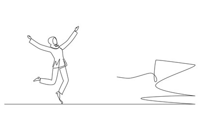 Poster - Animation of single continuous line drawing young Arabian businesswoman excited to get king's chess piece from giant hand. Get full support from the board of directors. Success. Full length motion