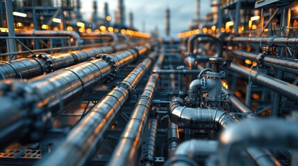 Poster - Close-up of Oil and gas pipeline networks in refineries. Generative AI.