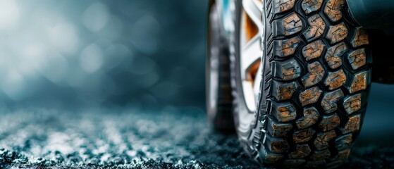 Poster -  A tight shot of a truck tire on snow, surrounded by a hazy backdrop of falling snowflakes