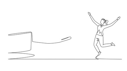 Poster - animation of a single one line drawing businesswoman was excited to get a gift box from a giant hand