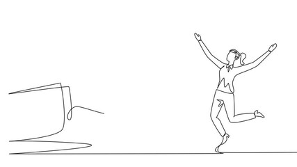 Poster - animated self drawing of continuous one line drawing businesswoman was excited to get king's chess p