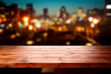 Wall Mural - Empty wooden table in front of abstract blurred city light background for product display in a coffee shop, local market or bar