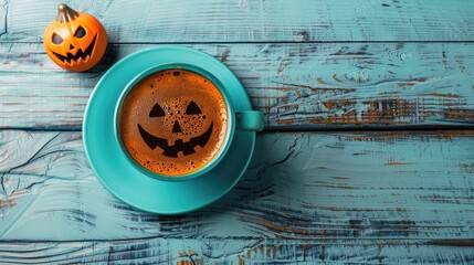 Poster - Halloween themed Americano coffee on blue wooden background