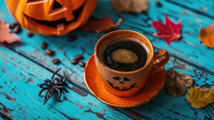 Poster - Halloween themed Americano coffee on blue wooden background