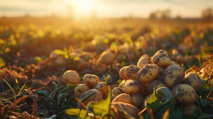 Poster - Harvesting autumn potatoes in the warm glow of sunset