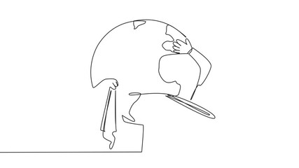 Poster - animated self drawing of continuous one line drawing globe chews thermometer while holding handkerch