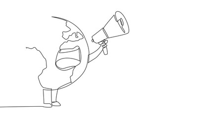 Poster - Self drawing animation of continuous one line drawing globe holds and places the megaphone in front of his mouth. Care more about the earth. Protect the earth. Saving the planet. Full length animated
