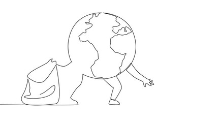 Poster - self drawing one line of globe picks up scattered rubbish. The best and simple example of protecting the earth. Throw garbage in its place. Saving planet. Continuous line animation