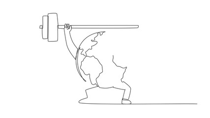 Poster - Self drawing animation of single continuous line drawing globe lifts barbell with both hands. The strongest to protect the earth. Clean earth makes the body strong. Protect earth. Full length animated