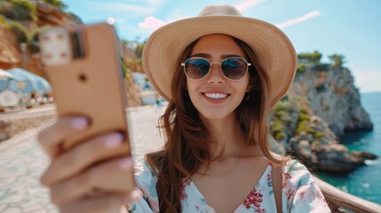 A beautiful female traveler in a stylish jumpsuit, taking a selfie