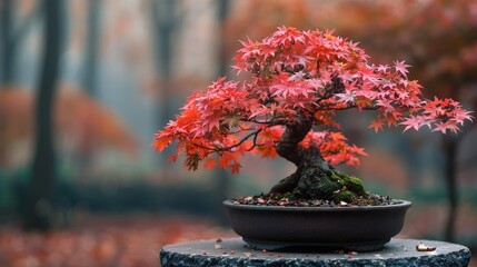 majestic maple bonsai tree with red leaves in an autumn forest