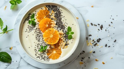 Poster - Nutritious smoothie bowl with kumquat coconut chips and chia seeds on marble surface