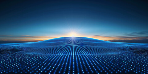 A digital blue abstract landscape with glowing particles over a dark background, illustrating a technology concept. 