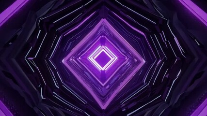 Poster - This digital rendering of a geometric tunnel with glowing purple neon lights.