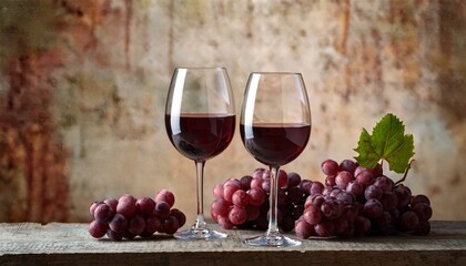 Two crystal wine glasses filled with rich red wine, positioned next to a bunch of ripe purpl 