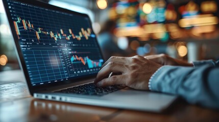 Wall Mural - Businessman working on laptop with financial graphs, risk management strategy. Generative AI.