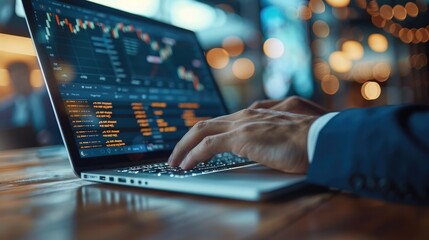 Poster - Businessman working on laptop with financial graphs, risk management strategy. Generative AI.