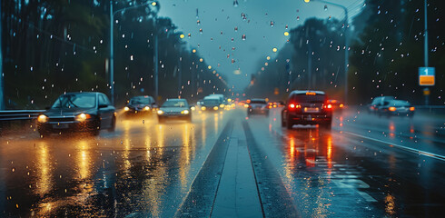 Poster - Driving, vehicles, roads, rain. Generative AI.