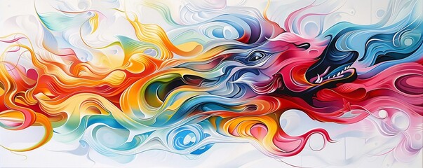 Poster - a surreal, abstract painting of an animal morphing into a mythical creature, filled with dynamic col