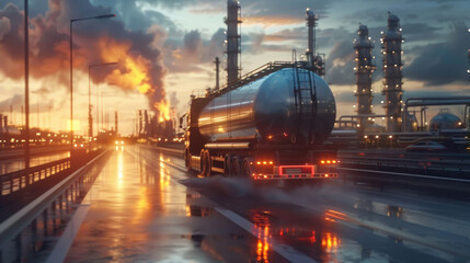 An oil tanker truck driving through a busy industrial area