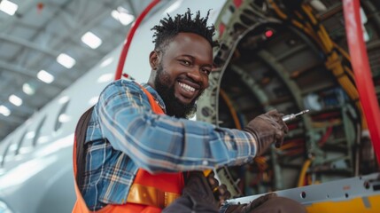 Aufkleber - A man in a blue shirt and orange vest is smiling while working on an airplane
