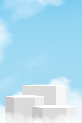 Aufkleber - Sky blue cloud background,White 3d Podium Platform Display for Cosmetics presentation for Spring,Summer Sale Banner,Vector Minimal Abstract Exterior Architecture of Cement Wall Corners Design