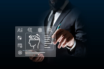 The business man utilizes AI programs for data analysis, marketing, financial reporting, software development, and innovation technology in business.