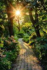 Wall Mural - Sunlit Pathway Through a Lush Forest