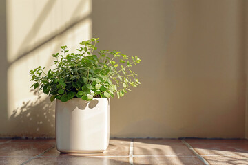 Poster - Small potted plant is sitting on a tile floor, casting long shadows from a nearby window