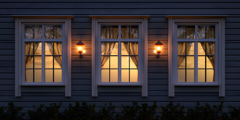 Poster - Three windows with light in the house