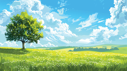 Wall Mural - Serene Summer Fields Vector Illustration Lush Cartoon Meadow with Blue Skies and Green Trees