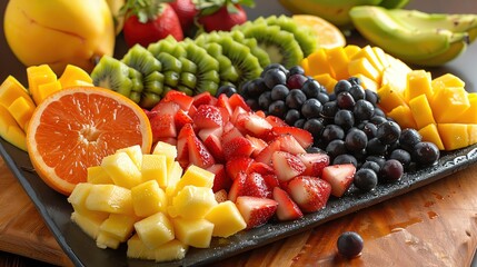 Crystal clear image of a tropical fruit platter, cut fruits, dewdrops visible,