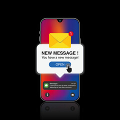 Poster - Realistic Smartphone Mockup with New Message Notification and Alarm Notice Concept - Incoming Email, SMS, Messaging, and Chatting Symbols. Vector.