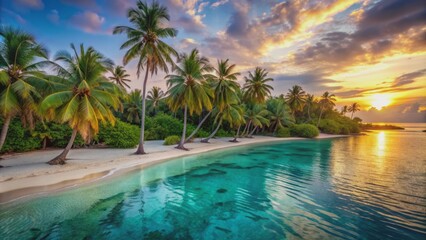 Wall Mural - Vibrant tropical island landscape with swaying palm trees, crystal clear turquoise water, and powdery white sand beach at sunset.