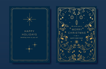Wall Mural - luxury gold christmas invitation card folk design vector. christmas bauble, holly, leaves, snowflake