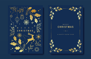 Wall Mural - Luxury gold christmas invitation card folk design vector. Christmas bauble, holly, leaves, reindeer, snowflake, frame on navy blue background. Design illustration for cover, print, poster, wallpaper.