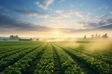 Wall Mural - Sunrise over a lush green agricultural field