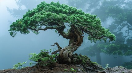 majestic redwood bonsai tree with ancient bark in a foggy forest