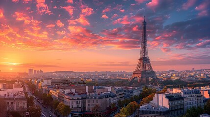 Wall Mural - Skyline of Paris with Eiffel Tower in Paris, France. Panoramic sunset view of Paris. copy space for text.