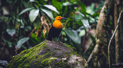 Wall Mural - Photo of a bird standing on a mossy rock in a lush forest. Image generated by AI