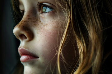 Close-up photo of a beautiful girl, capturing her radiant features and natural beauty in a detailed, expressive portrait