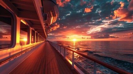 Wall Mural - A cruise ship's promenade deck glides into a breathtaking sunset