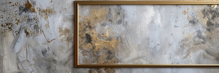 Poster - A close-up of an antique gold picture frame with a blank canvas set against a textured gray wall