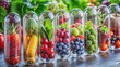 © DigitalArt Max - Colorful array of fruits and vegetables encapsulated in transparent capsules, symbolizing natural nutrition and holistic wellness solutions.