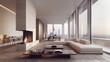 © Sana - A chic living room with minimalist furniture, a large fireplace, floor-to-ceiling windows, and a sleek coffee table.