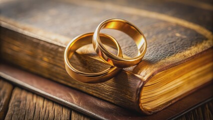 sparkling golden engagement and wedding rings resting atop an open leather-bound holy scripture, sym