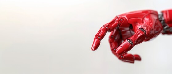 Sticker -  A red robotic hand, in tight focus, grasps an object against a pristine white backdrop