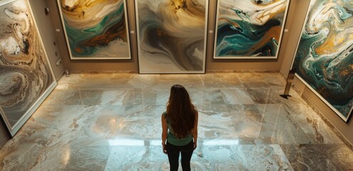 Woman Admiring Abstract Paintings in Gallery Interior