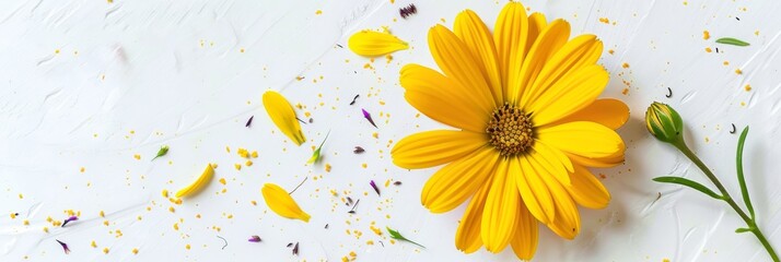 Poster - A large yellow flower with green and purple accents is positioned on a white background. Scattered yellow petals and pollen add to the floral composition